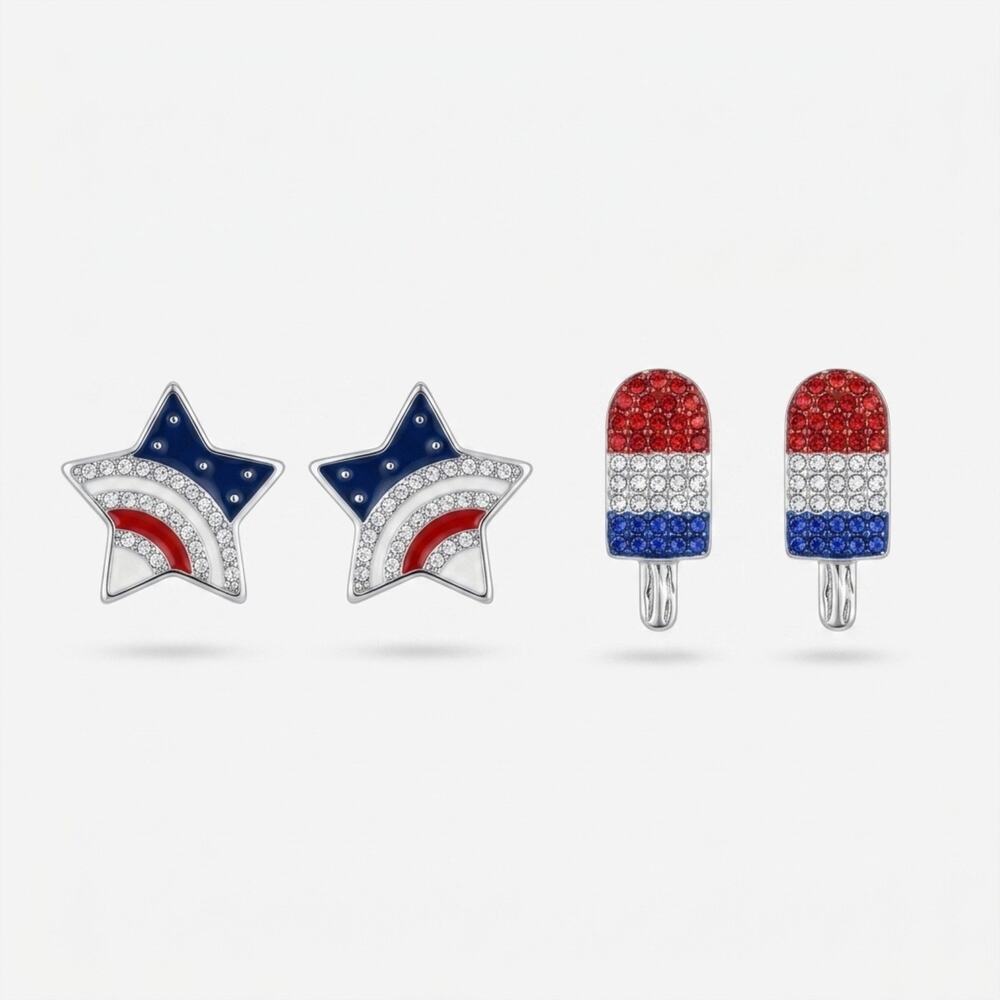 🧚‍♀️Patriotic Rhinestone Enamel Stud Earrings Set Stars Popsicles 4th of July 🎆